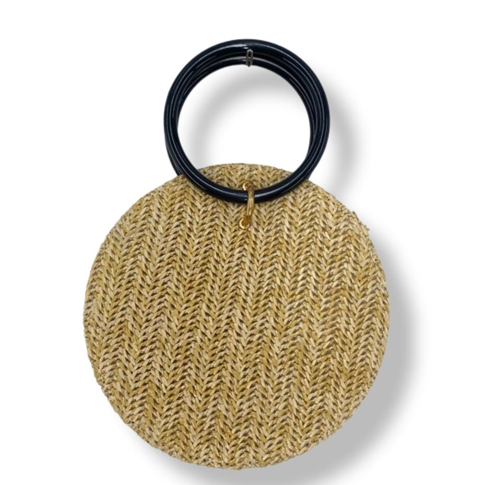Round Straw Mini Bag with Black Ring Handle